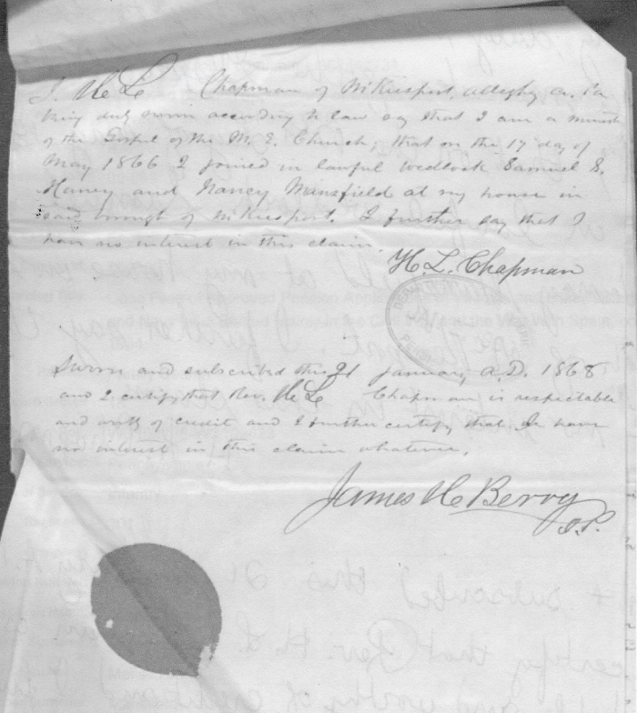 Affidavit of minister for marriage of Samuel Haney and Nancy Mansfield.